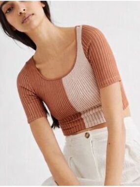 35 Free People Two-Tone Ribbed Crop Top Rust Blush XS Scoop Neck Fitted Stretch